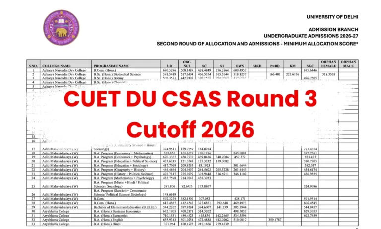 CUET DU CSAS Round 3 Cutoff 2026: Check College-Wise Cutoff, Seat Allotment & Admission Process