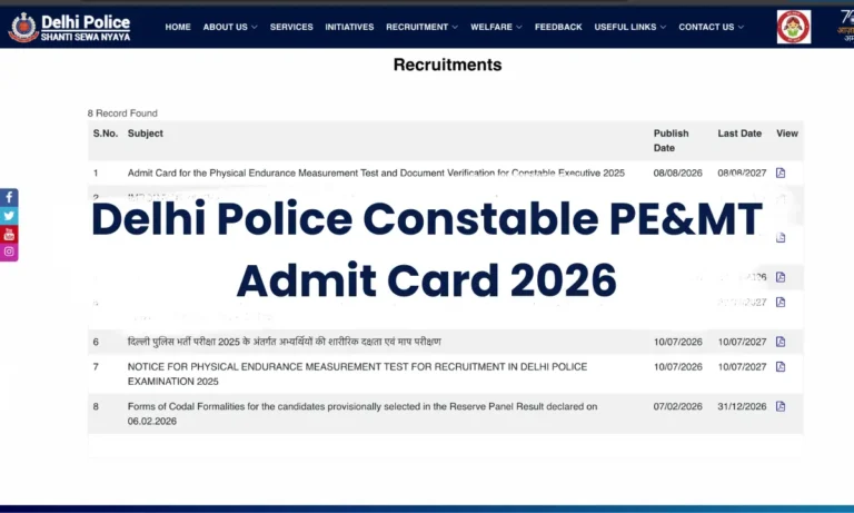 Delhi Police Constable PE&MT Admit Card 2026 Released: Download Hall Ticket @delhipolice.gov.in